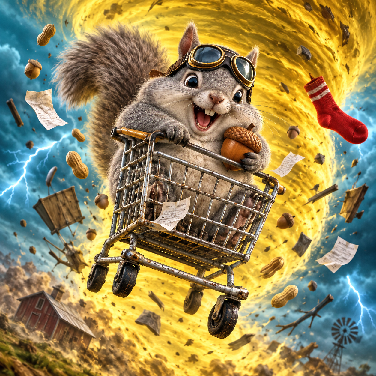 An original goggled squirrel riding a shopping cart through a tornado